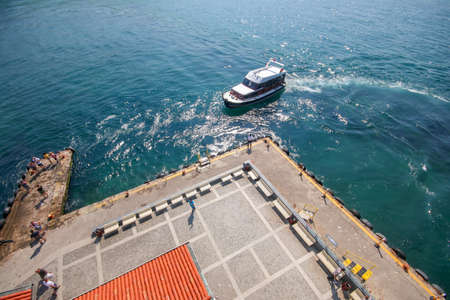 View from above of a cruise ship moored at the pier.の写真素材