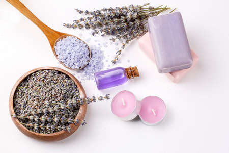 Spa composition with lavender soap and bath salt on white backgroundの写真素材