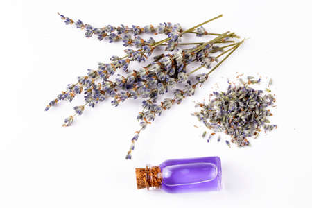 Essential lavender flower oil and dried lavender flowers.の写真素材