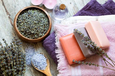 Dried lavender flowers and lavender soapの写真素材