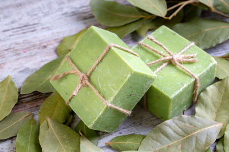 Daphne leaves and daphne soapの写真素材