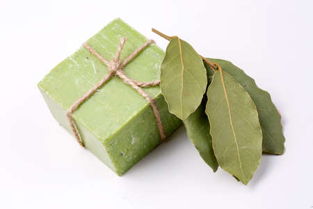 Daphne leaves and daphne with olive soapの写真素材