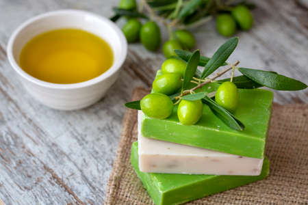Olive oil and olive soapの写真素材