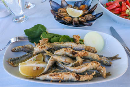 Fried sardines with lemon and salad on a white plateの写真素材