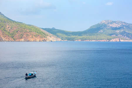 Boat on the sea in Montenegro. View of the Bay of Kotor.の写真素材