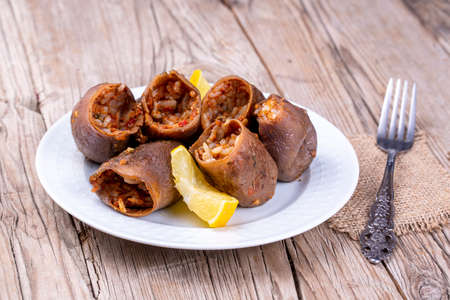 Curry rolls stuffed with minced meat and vegetables. Selective focus.の写真素材