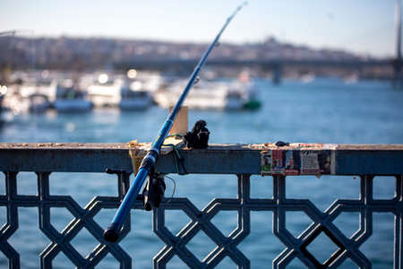 Fishing rod on the embankment of the Bosphorus in Istanbulの写真素材