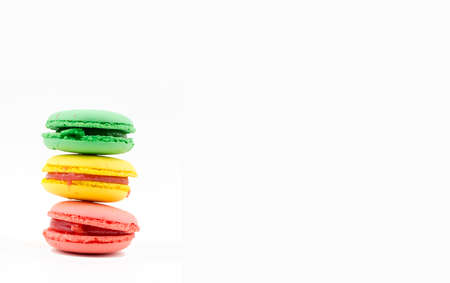Sweet and colorful french macaroons or macaron on white background, Dessert.の写真素材