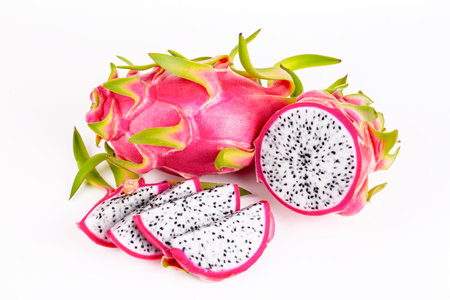 Dragon fruit isolated on white background, fresh pitahaya or pitayaの写真素材