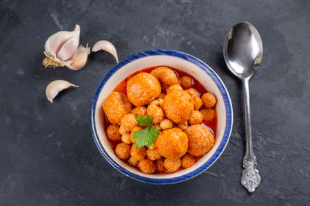 Traditional delicious Turkish foods; Bulgur soup (Anali Kizli, icli kofte)の写真素材