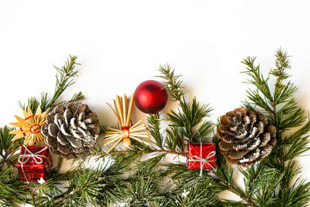 Christmas or New Year dark wooden background, Xmas black board framed with season decorations, space for a text, view from aboveの写真素材
