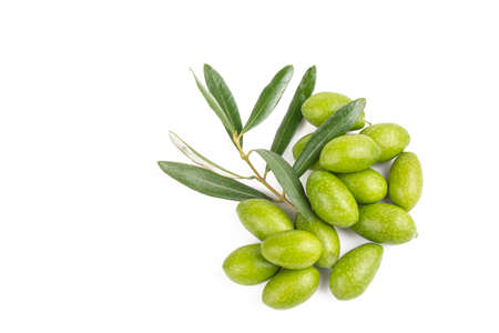 Green olives with leaves isolated on white background. Top view.の写真素材