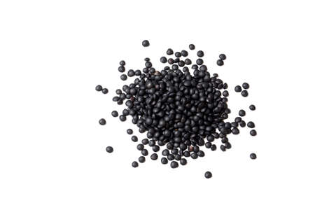 Portion of Black Lentils (detailed close-up shot) isolated on white backgroundの写真素材