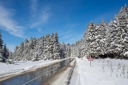 Winter road in the mountains. Winter road in the mountains. Carpathians, Ukraineの写真素材