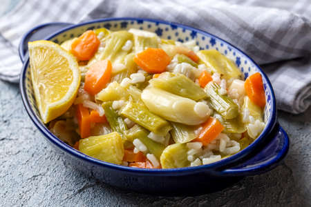 Turkish Cuisine. Leek with Olive Oil (Turkish name; Zeytinyagli Pirasa) Turkish Braised Leeks and Carrots In Olive Oil.の写真素材