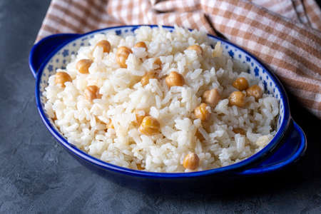 Turkish Rice with chickpea served, Turkish name; Rice with chickpeas or pilafの写真素材