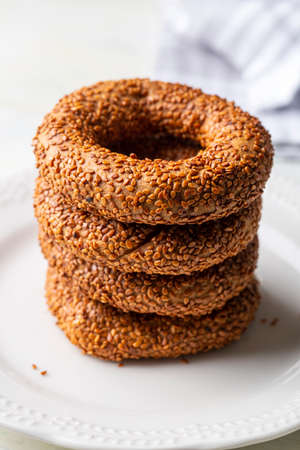 Turkish Bagel with sesame seeds. Turkish name; Oil ringの写真素材