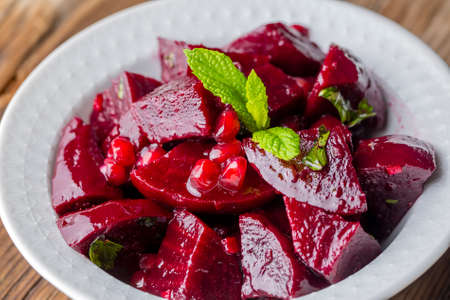 Traditional Turkish appetizers; Red beet salad (Turkish name; Pancar salatasi mezesi)