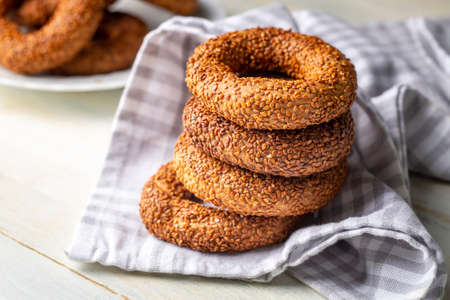 Turkish Bagel with sesame seeds. Turkish name; Oil ringの写真素材