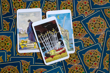 Assorted tarot cards scattered on a table, seamless pattern