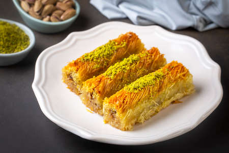 Turkish famous dessert burma kadayif on plate with pistachioの写真素材