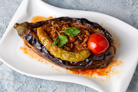 Traditional delicious Turkish food; Meat and Eggplant dish, (Turkish name; Karniyarik)の写真素材