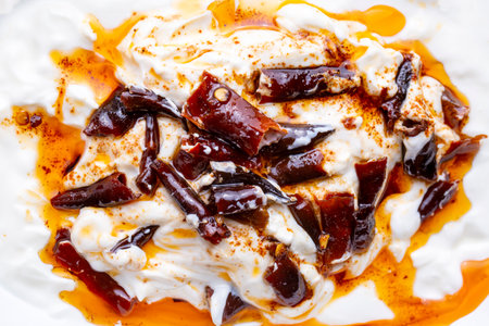 Traditional Turkish and Greek Meze with chili peppers. Turkish Appetizer Atom with yoghurt. Turkish...