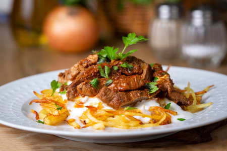 Turkish food; Cokertme Kebab - Beef meat kebab with yoghurt and french friesの写真素材