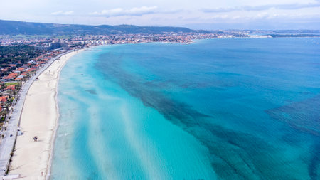 Aerial view of famous Ilica beach was taken by drone, Cesme - Izmir - Turkey