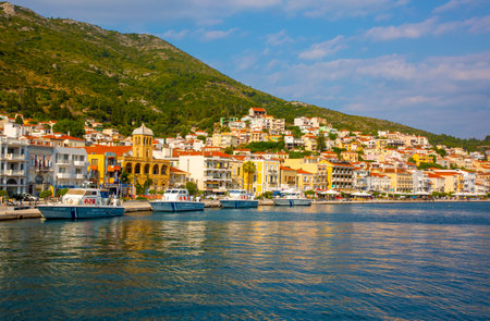 Samos Island, Greece - June 18, 2023, Pythagoreio Harbor view. Pythagoreio is the most popular village in Samos Island.のeditorial素材