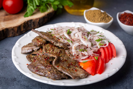 Traditional Turkish Liver kebab cuisine. Leaf Liver spicy. Delicious turkish ciger. (Turkish name; leaf liver)の写真素材