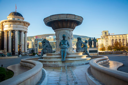 Skopje, Northern Macedonia - October 29, 2023: Warrior monument and other sculptures in Skopje city centerのeditorial素材