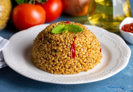 Bulgur pilaf with Siyez wheat and vegetables (Turkish name; siyez bulgur pilavi)の写真素材