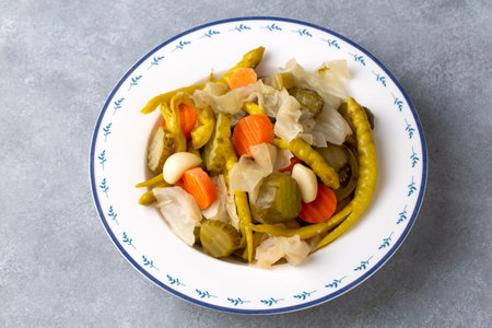 Assorted mixed pickled vegetables in bowl - plate, Turkish name; pickle.の写真素材