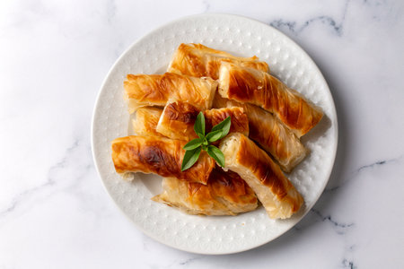Spanakopita, greek phyllo pastry pie with spinach and feta cheese filling. Delicious handmade pies. Turkish name; hand rolled borek, rolled borekの写真素材