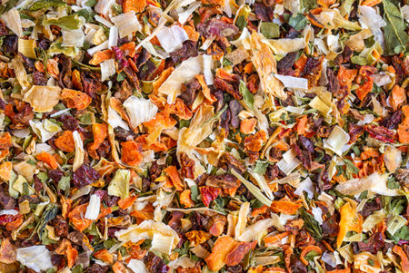 Dry cut and chopped up vegetables mix, top view.の写真素材