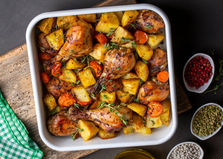 Baked chicken thighs and fried potatoes look delicious.の写真素材