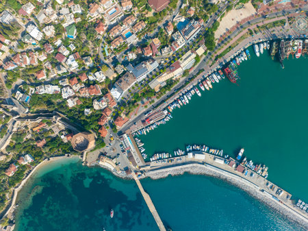 Alanya - Turkey, August 11, 2023, An aerial view of the bay Alanya in Antalya Turkey. Sea and city with an open sky. Red Tower - Alanyaのeditorial素材