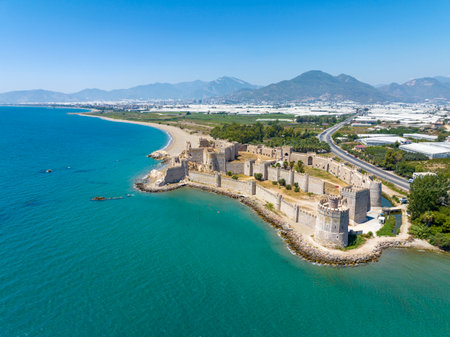 Aerial view of the Mamure Castle or Anamur Castle in Anamur Town, Turkeyのeditorial素材