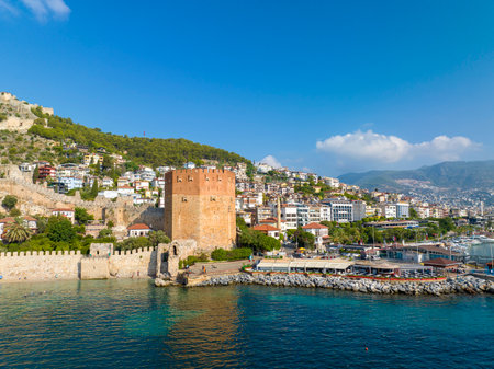Alanya - Turkey, August 11, 2023, An aerial view of the bay Alanya in Antalya Turkey. Sea and city with an open sky. Red Tower - Alanyaのeditorial素材