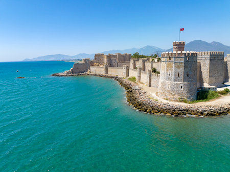 Aerial view of the Mamure Castle or Anamur Castle in Anamur Town, Turkeyのeditorial素材
