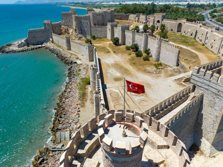 Aerial view of the Mamure Castle or Anamur Castle in Anamur Town, Turkeyのeditorial素材