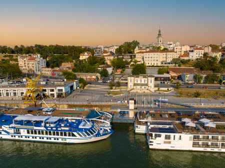 Beautiful view of the historical center of Belgrade on the banks of the Sava River, Serbiaのeditorial素材