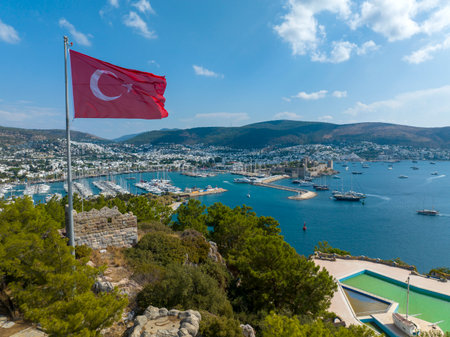 Aerial view of Bodrum on Turkish Riviera. View on Saint Peter Castle Bodrum castle and marinaのeditorial素材