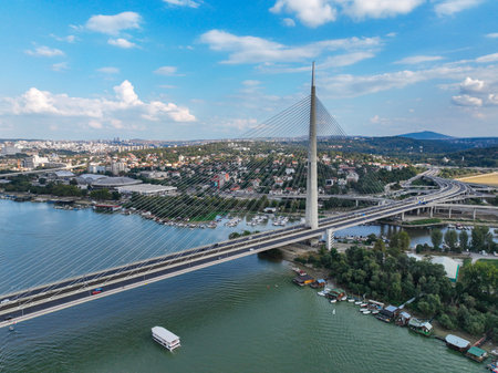 Belgrade - Serbia, September 17, 2023, Most recent "Most na Adi" - literally Bridge over Ada - river island in Belgrade, Serbiaのeditorial素材