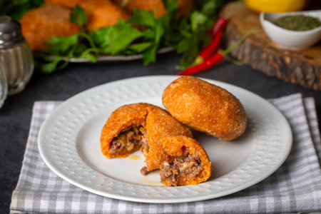Kibbeh is a popular dish in Middle Eastern cuisine (Turkish name; icli kofte - Adana icli koftesi)の写真素材
