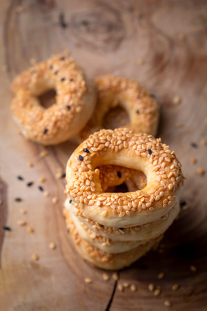 Turkish Bagel with sesame seeds or salty ring cookies. Turkish name; Kandil bagel or salted ring cookieの写真素材
