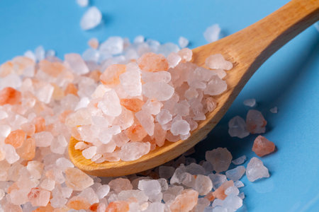Pink Himalayan salt crystals, food concept photo.