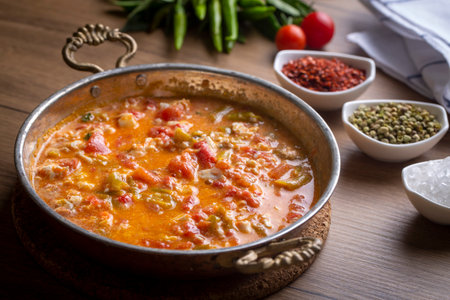 Famous Turkish menemen dinner on table, made by eggs, pepper and tomatoes.の写真素材