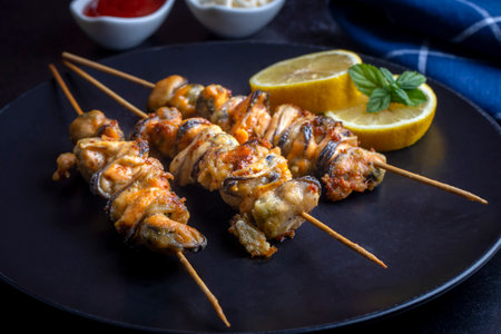 Fried mussels, delicious skewered mussels (Turkish name; pan mussels, trash mussels)の写真素材